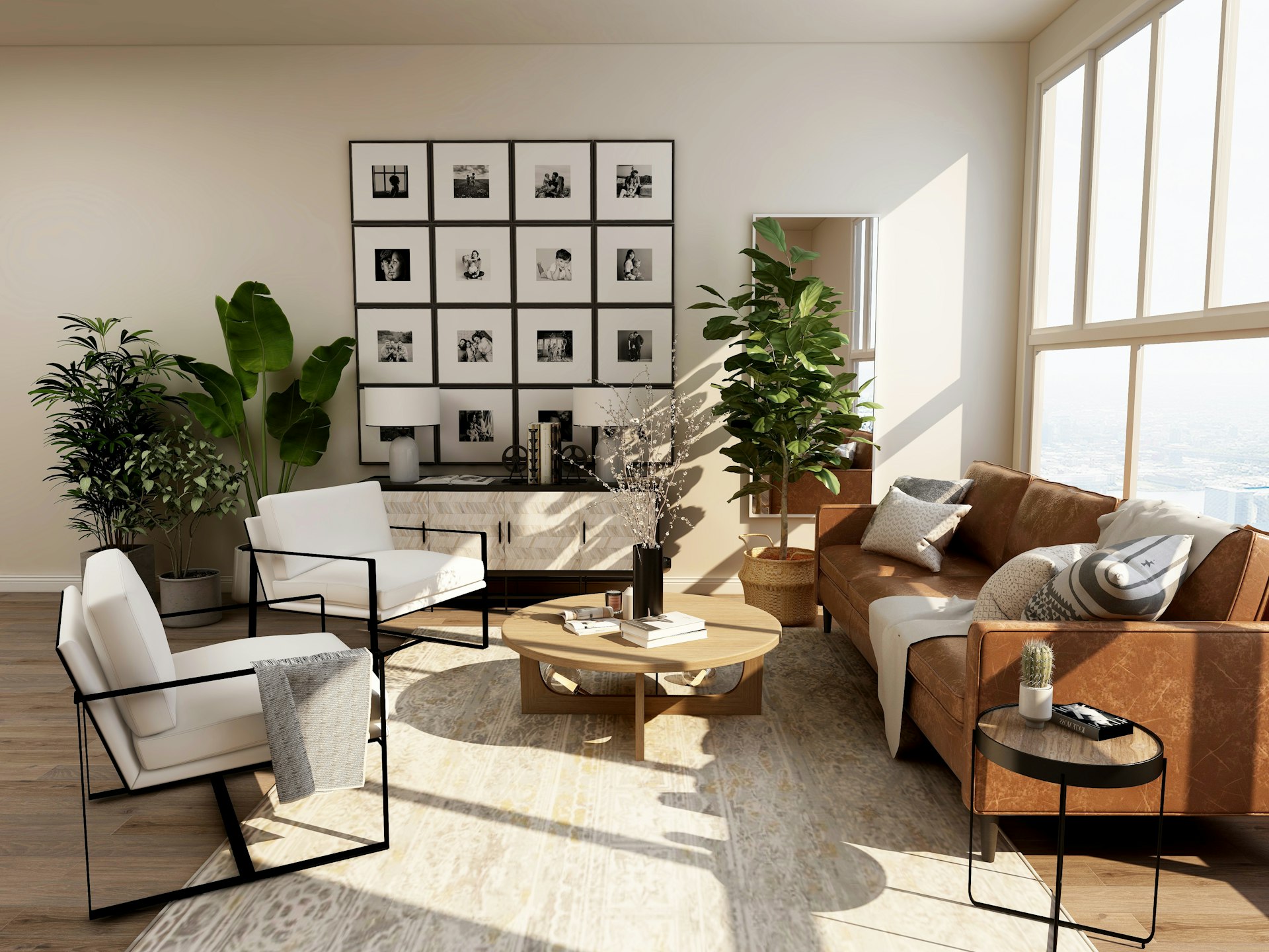 Lichtdurchflutetes Wohnzimmer mit cremefarbenem Sofa, Olivenbaum und herringbone-Parkett