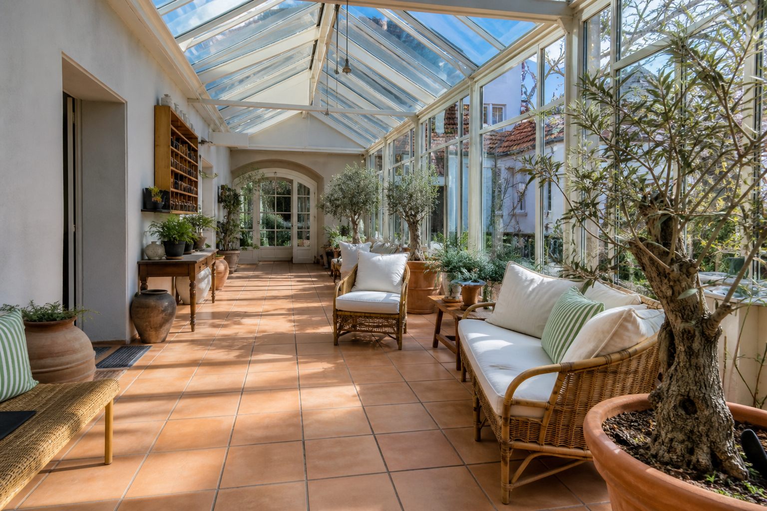 Terrasse mit Naturstein, Olivenbaum und Leinensesseln